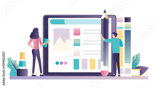 Illustration of two designers working on a website layout with a large tablet and a pencil tool