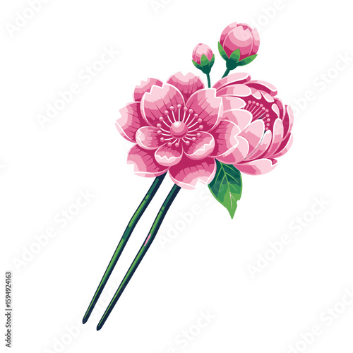 Pink peony flowers with hairpins in traditional Japanese style  