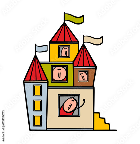 Cartoon old multi-storey castle with flags on the spires. Vector illustration of a beautiful building, friendly people looking out of apartment windows, inviting guests.