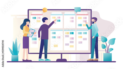 Team members collaborating on a project using a kanban board with sticky notes and discussing tasks