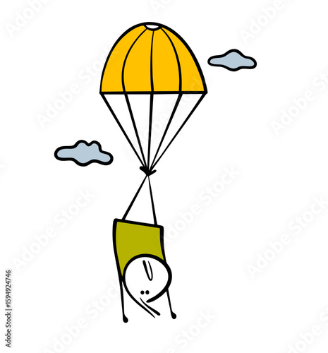 Unfortunate cartoon stickman falls down with a parachute. Vector illustration of a man tied up and flying discontentedly in the sky. Loser athlete shows a trick.