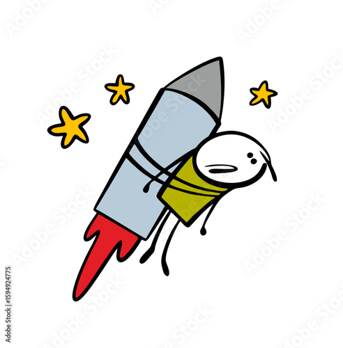 Rocket flies into space among the stars. vector illustration an unfortunate stickman is forcibly tied to a projectile, rises high into the sky and looks down. Victim of success.