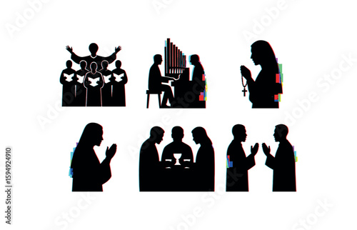 Religious silhouettes with choir, piano, prayer, and communion in glitch effect