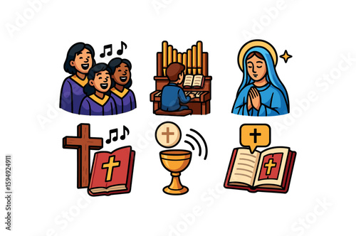 Religious symbols and activities: choir, organ player, prayer, bible, cross, eucharist