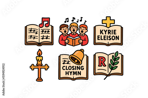 Illustrated church choir icons with religious symbols and hymn book