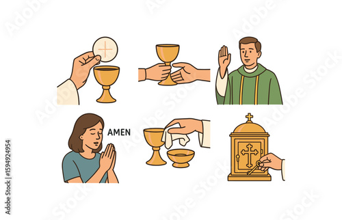 Catholic communion symbols and rituals illustration with male priest and praying female