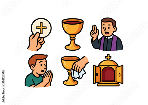 Religious symbols and rituals in catholicism - eucharist, chalice, priest, praying child, tabernacle