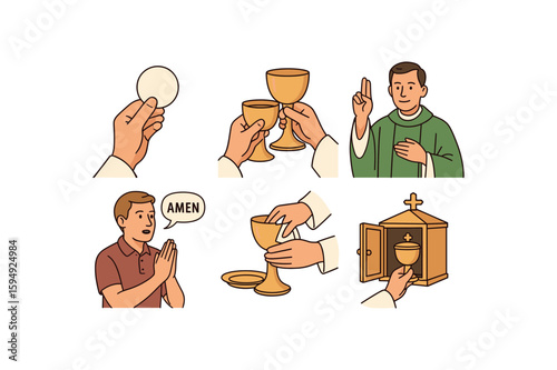 Catholic communion process - eucharist, chalice, priest blessing, amen, tabernacle