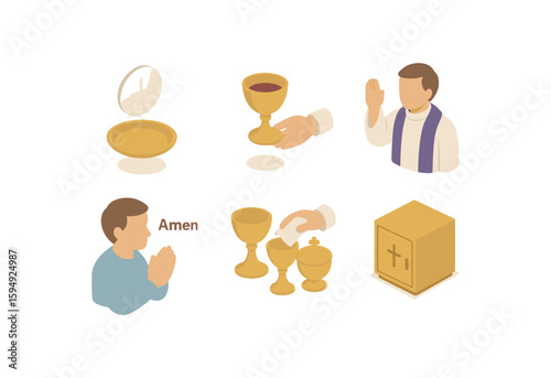 Catholic communion symbols: eucharist, chalice, consecration, priest, prayer, tabernacle