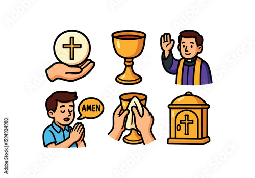 Christian symbols and practices: eucharist, chalice, priest, prayer, tabernacle