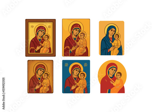 Orthodox icons of virgin mary and child in various styles