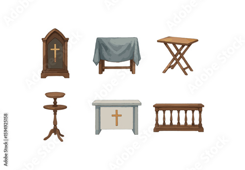 Church furniture set with cross motifs - pulpit, covered table, folding table, pedestal, altar, railing