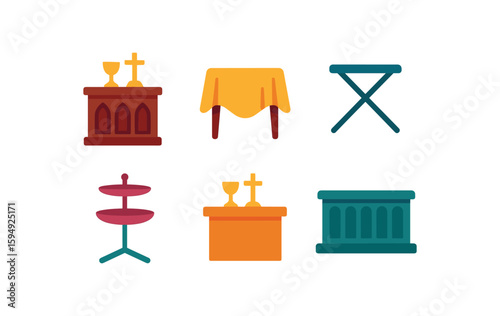 Illustrated church furniture collection with altars and tables in flat design