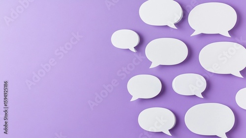 Communication concept with white speech bubbles on a vibrant purple background, symbolizing dialogue, conversation, and exchange of ideas in a minimalist design