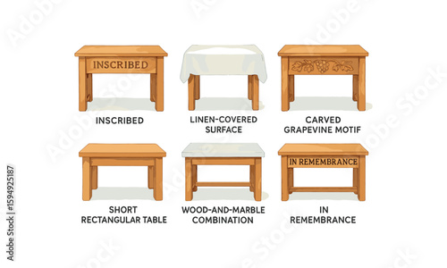 Variety of wooden tables with different designs and covers