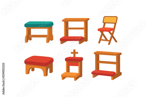 Set of colorful wooden chairs and stools in various designs