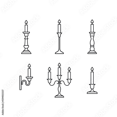 Collection of candle holders and candelabra line art illustrations