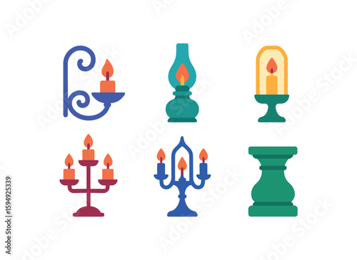 Illustrated collection of colorful candlesticks and lanterns