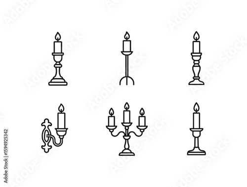 Six minimalist candle holders with burning candles - black line icons on white background