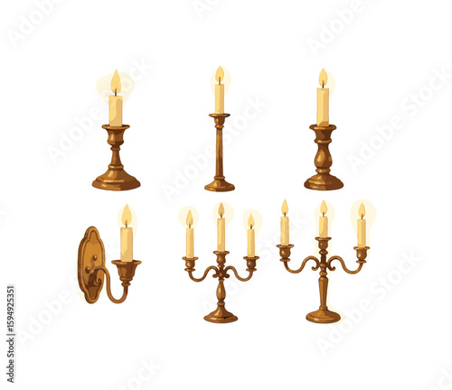 Vintage brass candle holders with lit candles on white background