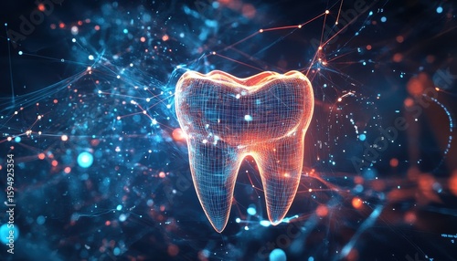 Digital Tooth Wireframe with Futuristic Network Connections