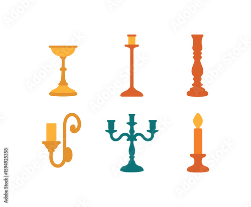 Set of colorful candle holders and candelabras in simple design