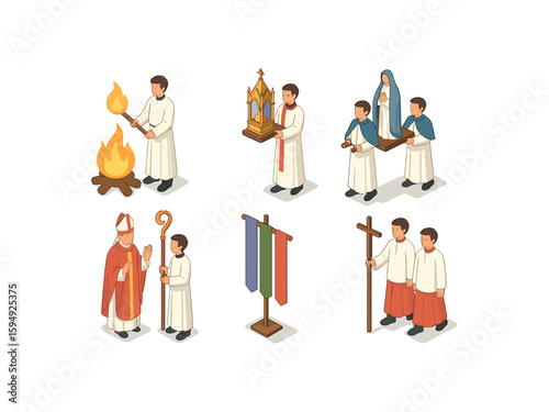 Isometric religious ceremony symbols with clergy and ritual items