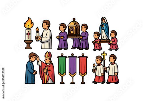 Catholic traditions and clergy with altar boys in religious ceremony