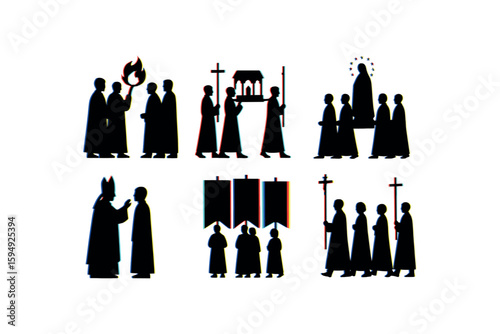 Religious procession silhouettes with clergy and symbols