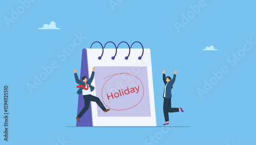 Business people with big calendar jumping with joy to celebrate long holiday. Company holiday for employee to take a break and recharge, employee appreciation day or long holiday happiness.