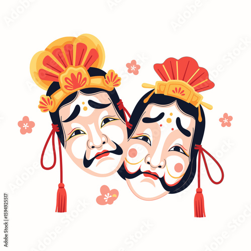 Colorful Japanese theater masks representing emotions and traditions  