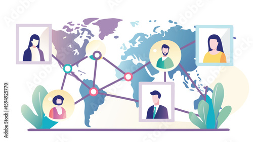 Global network of people connected over a world map with lines and circles representing connections