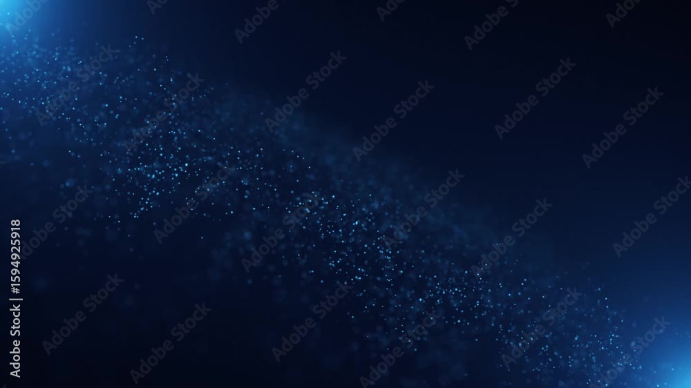 Blue glowing particle wave background with sparkling bokeh lights and shiny particles in fluid motion. This atmospheric background animation is full HD and a seamless loop. 