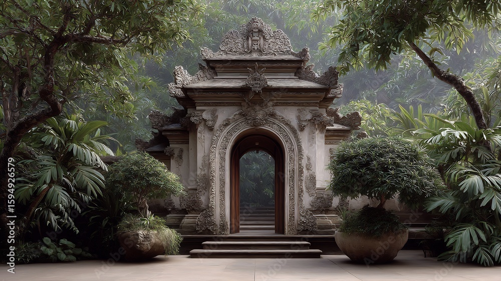 Mystical garden gate in a tranquil forest, a pathway to serenity, stone details Mystical garden gate in a tranquil forest, a pathway to serenity, stone details