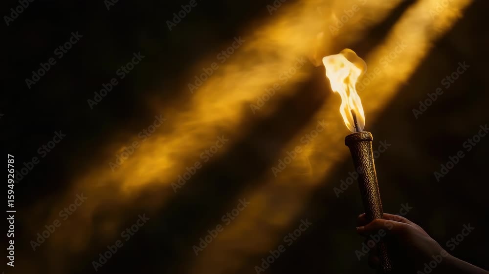 Hand holds lit torch against dark background