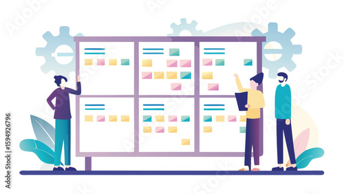 Team collaboration on a kanban board with sticky notes discussing project tasks and workflow management process