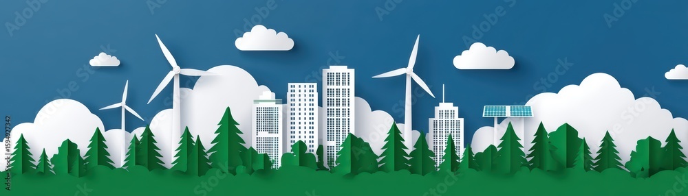 Obraz premium Green City Landscape with Wind Turbines and Clouds