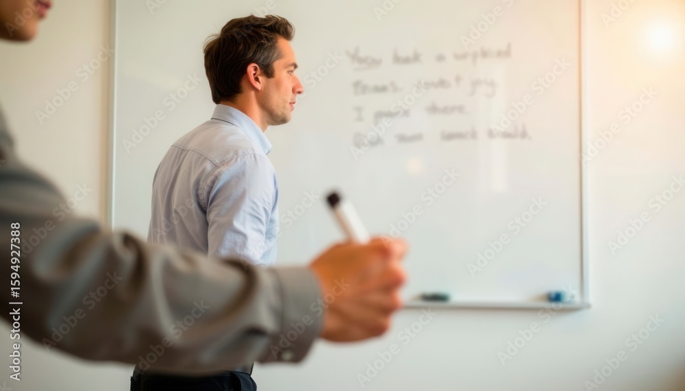 Businessman writing on whiteboard during meeting in office Businessman writing on whiteboard during meeting in office