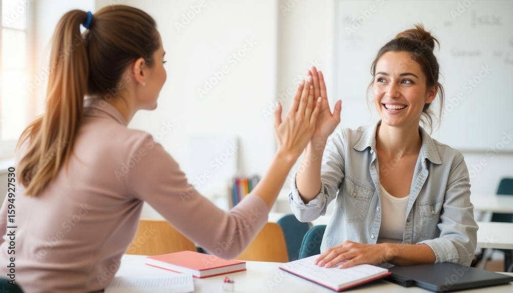 Two young women high-fiving while studying at a desk indoors Two young women high-fiving while studying at a desk indoors