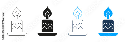 Candle On Plate Line And Solid Icon Set. Celebration, Relaxation, And Spiritual Ambiance Symbol Collection. Decorative And Aromatic Candlelight. Isolated Vector Illustration