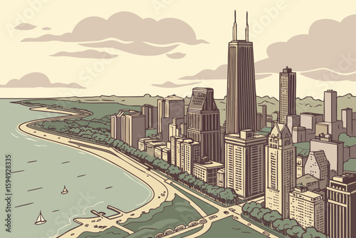 Chicago skyline aerial drone view from above, lake Michigan and city of Chicago downtown skyscrapers cityscape from Lincoln park, Illinois, USA