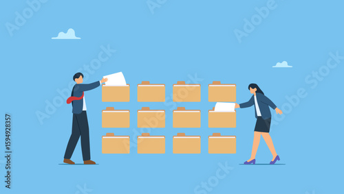 Business people organize document file into archive folders. Organize files folder or archive document to be index, administration work, plan or file management, arrange online data or paperwork.