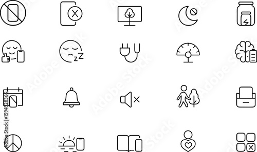A collection of simple outline icons representing various concepts including health technology communication and personal well being presented on a white background