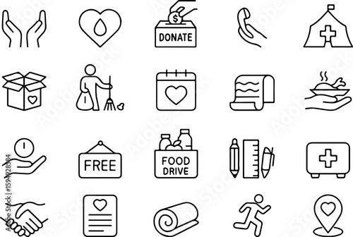 Collection of hand drawn icons representing charity generosity and humanitarian aid efforts for social causes