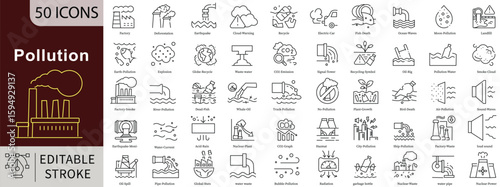 Pollution Line Icons Set with Editable Stroke for Environmental Issues and Climate Change