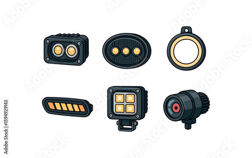 Illustration of various industrial led lights and components