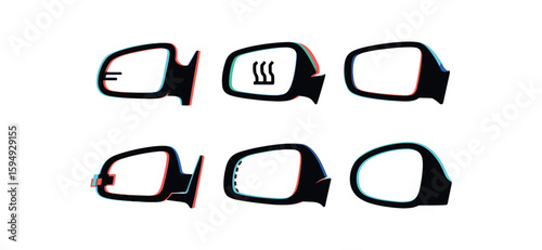 Car side mirror icons set with indicators and heating symbols