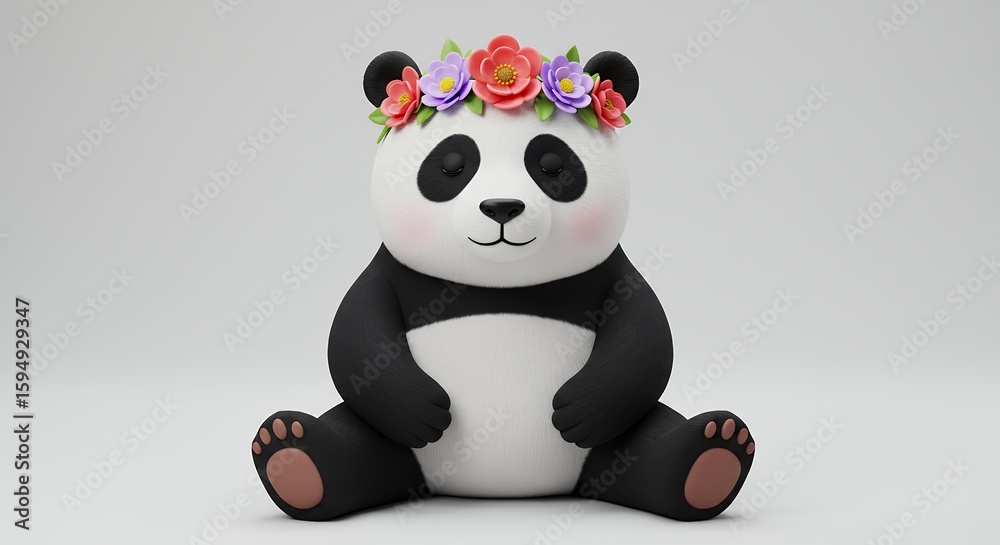 Naklejka premium Cartoon panda wearing floral crown