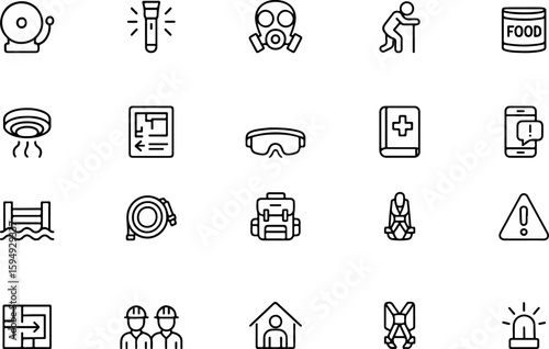 Collection of safety and emergency preparedness icons representing various essential equipment and protective gear for hazardous situations and disaster response