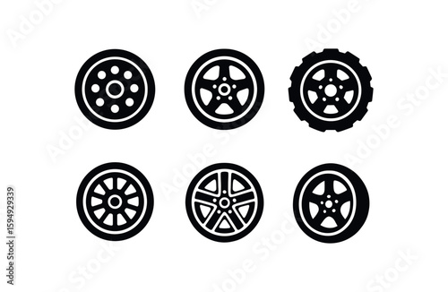 Collection of car wheel icons: six unique designs in black